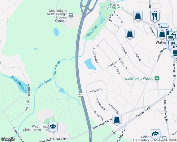map of restaurants, bars, coffee shops, grocery stores, and more near 1191 Felton Drive in Watkinsville