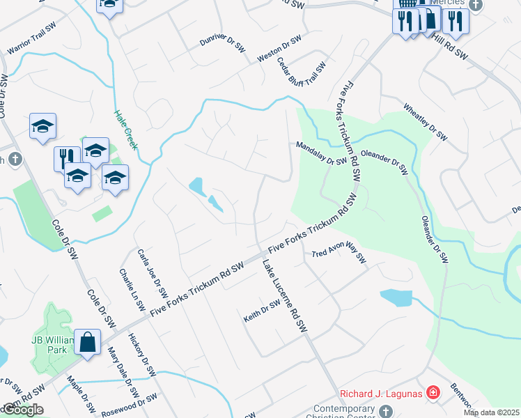 map of restaurants, bars, coffee shops, grocery stores, and more near 1120 Lake Lucerne Road Southwest in Lilburn