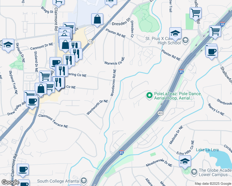 map of restaurants, bars, coffee shops, grocery stores, and more near 2493 Woodacres Road Northeast in Atlanta