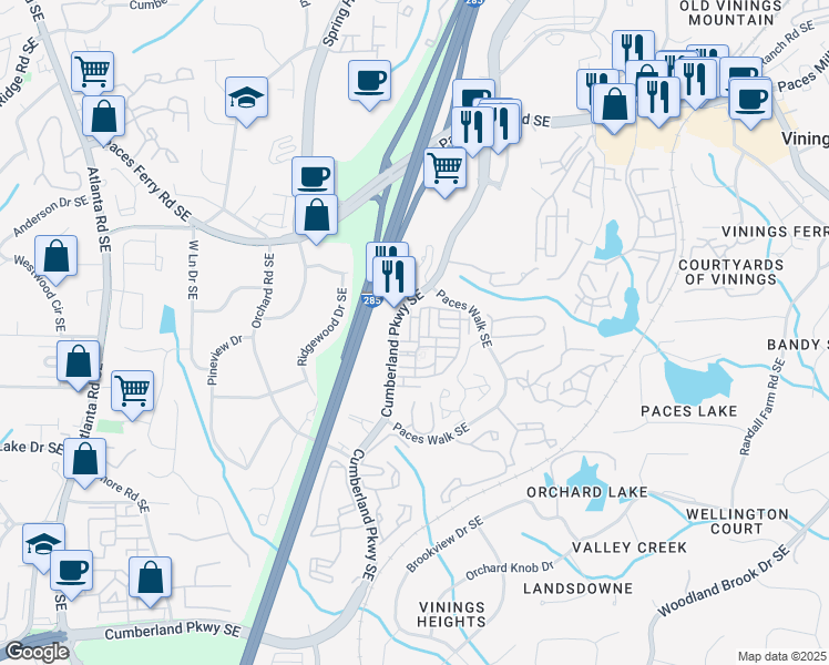 map of restaurants, bars, coffee shops, grocery stores, and more near in Vinings