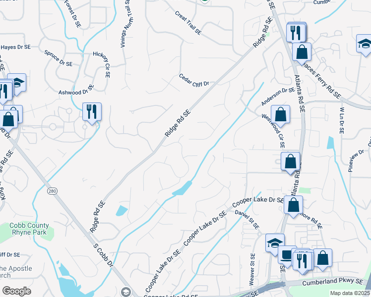 map of restaurants, bars, coffee shops, grocery stores, and more near 4051 Ridgehurst Drive in Smyrna