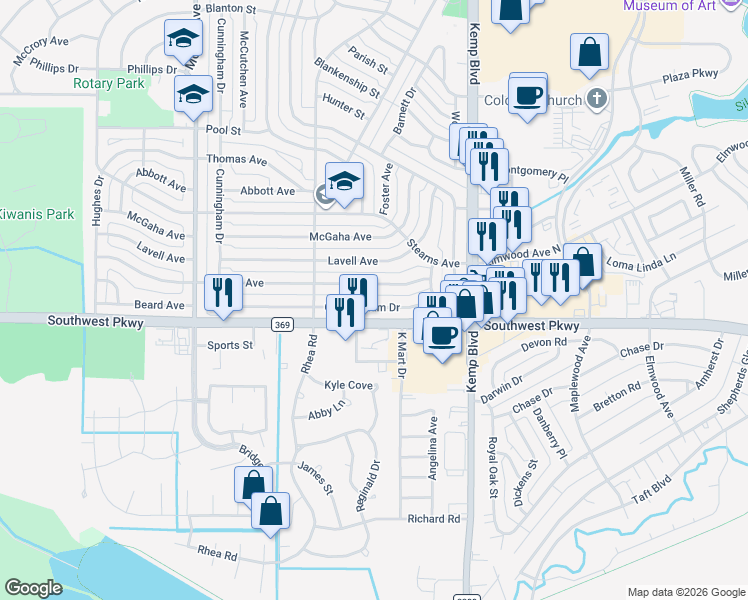 map of restaurants, bars, coffee shops, grocery stores, and more near 2923 Cunningham Drive in Wichita Falls