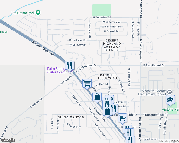 map of restaurants, bars, coffee shops, grocery stores, and more near 575 North Villa Court in Palm Springs