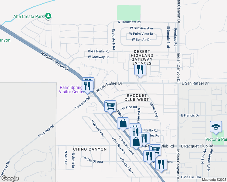 map of restaurants, bars, coffee shops, grocery stores, and more near 544 West Santa Catalina Road in Palm Springs
