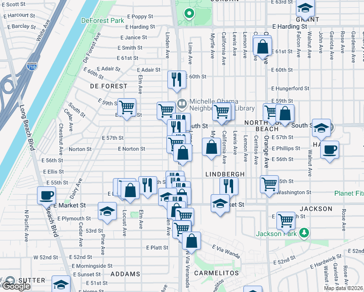 map of restaurants, bars, coffee shops, grocery stores, and more near 56 East 56th Street in Long Beach