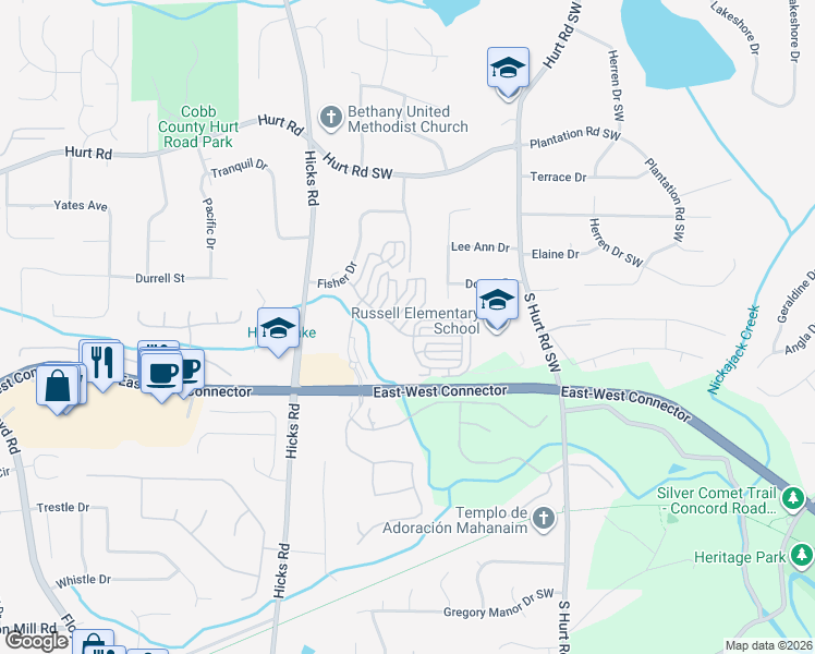 map of restaurants, bars, coffee shops, grocery stores, and more near 3998 Aunt Lucy Lane Southwest in Smyrna