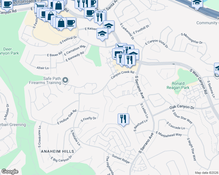 map of restaurants, bars, coffee shops, grocery stores, and more near 8271 East Blackwillow Circle in Anaheim