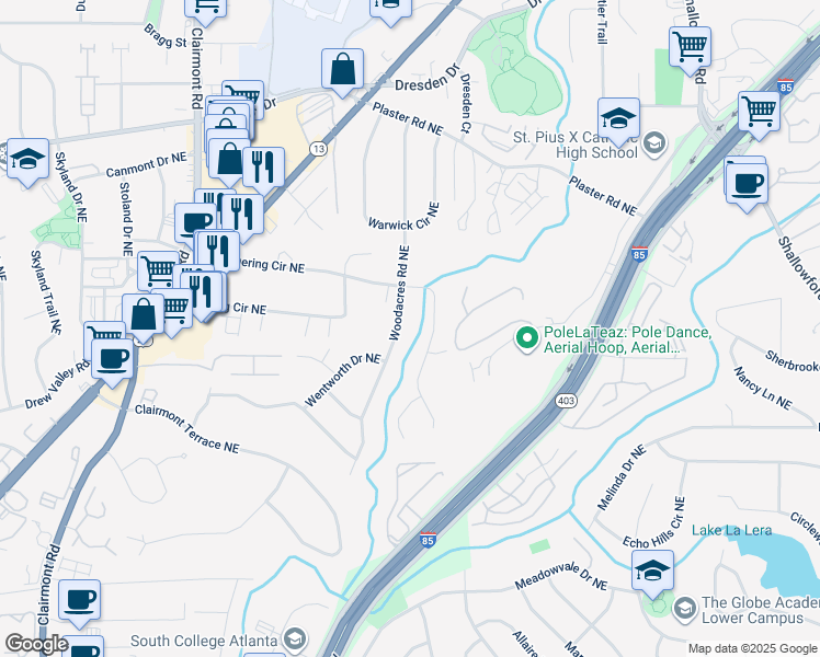 map of restaurants, bars, coffee shops, grocery stores, and more near 2493 Woodacres Rd NE in Atlanta