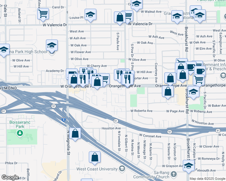 map of restaurants, bars, coffee shops, grocery stores, and more near 2380 West Orangethorpe Avenue in Fullerton