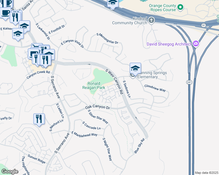 map of restaurants, bars, coffee shops, grocery stores, and more near 8420 East Tioga Way in Anaheim