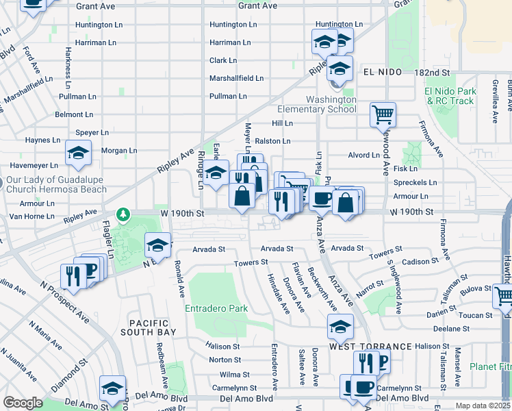 map of restaurants, bars, coffee shops, grocery stores, and more near 5340 West 190th Street in Torrance