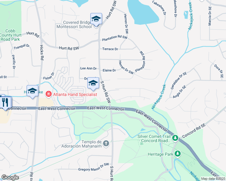 map of restaurants, bars, coffee shops, grocery stores, and more near Russell Drive Southwest in Cobb County