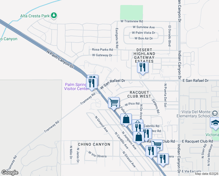 map of restaurants, bars, coffee shops, grocery stores, and more near 2860 North Los Felices Road in Palm Springs