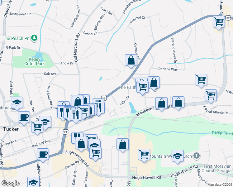map of restaurants, bars, coffee shops, grocery stores, and more near 2414 Cofer Circle in Tucker