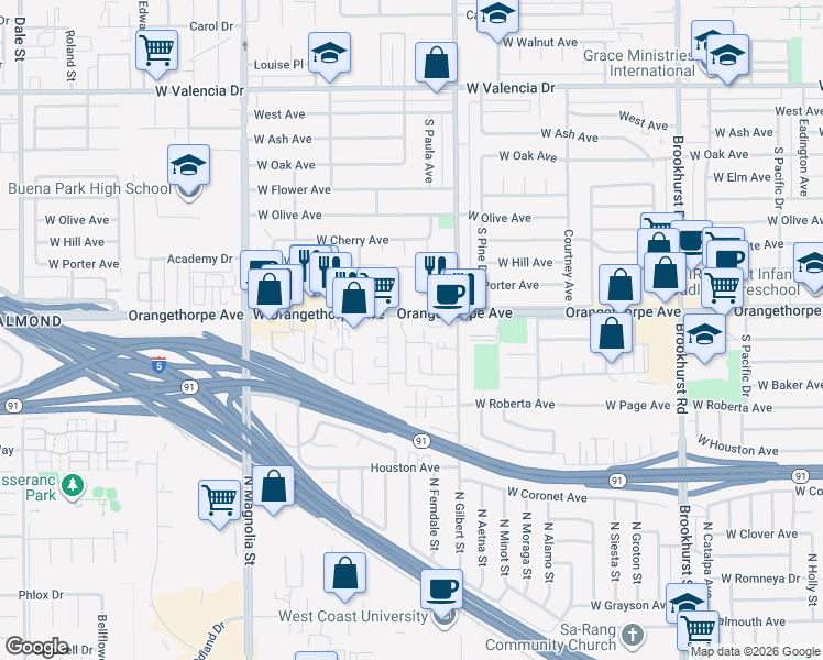 map of restaurants, bars, coffee shops, grocery stores, and more near 2410 West Orangethorpe Avenue in Fullerton