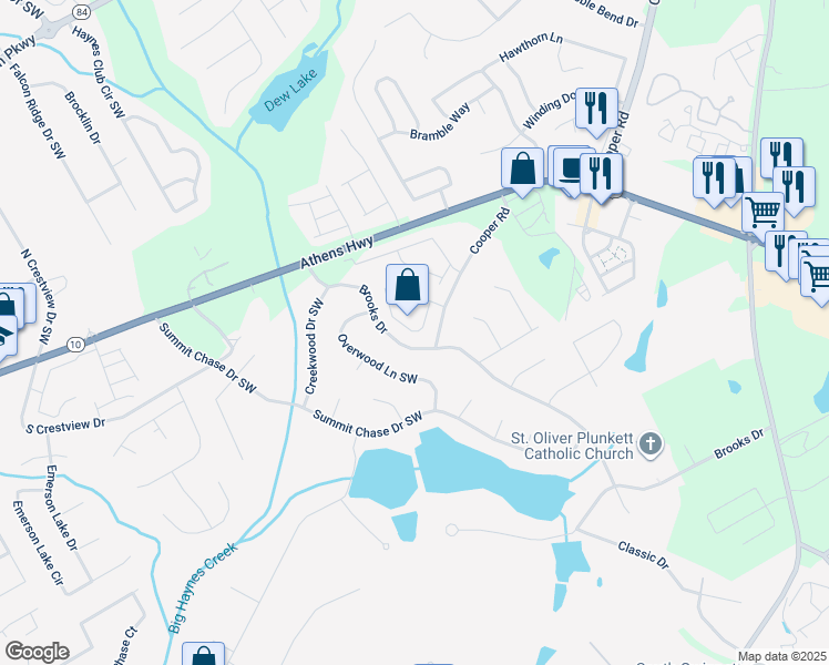map of restaurants, bars, coffee shops, grocery stores, and more near 3074 Gayle Manor Lane Southwest in Snellville
