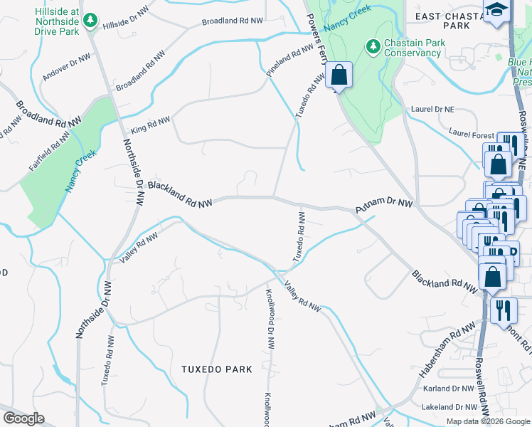 map of restaurants, bars, coffee shops, grocery stores, and more near 262 Blackland Road Northwest in Atlanta