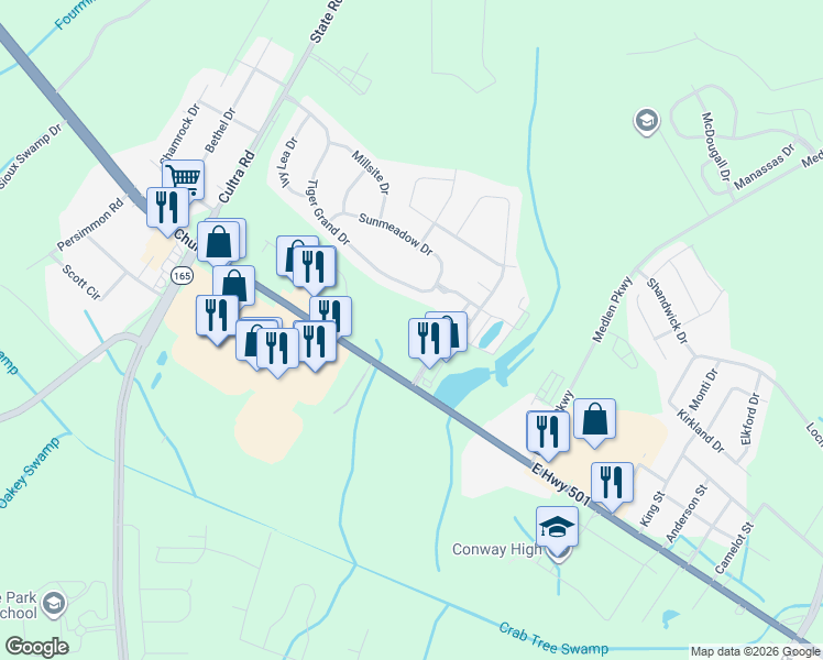 map of restaurants, bars, coffee shops, grocery stores, and more near 2494 Church Street in Conway