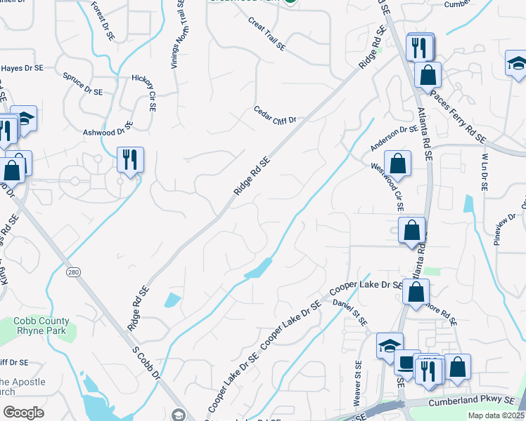 map of restaurants, bars, coffee shops, grocery stores, and more near 4051 Ridgehurst Drive in Smyrna