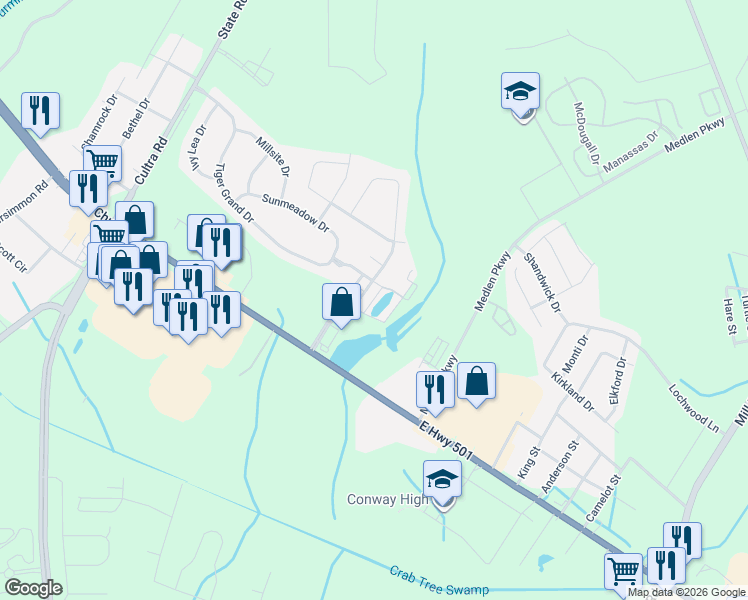 map of restaurants, bars, coffee shops, grocery stores, and more near 1300 Riverport Drive in Conway