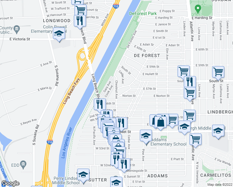 map of restaurants, bars, coffee shops, grocery stores, and more near Chestnut Avenue in Long Beach