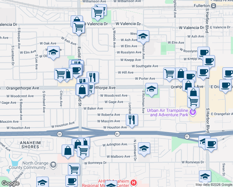 map of restaurants, bars, coffee shops, grocery stores, and more near 713 West Gage Avenue in Fullerton