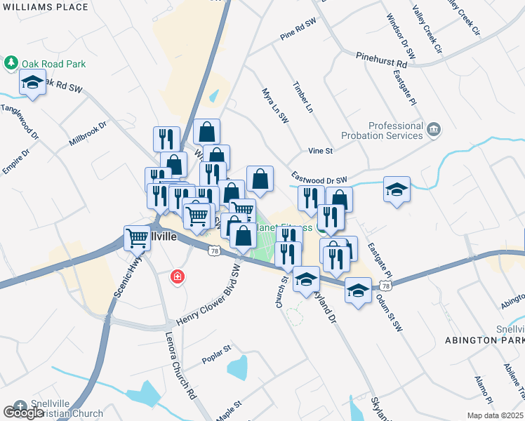map of restaurants, bars, coffee shops, grocery stores, and more near 2336 Wisteria Drive Southwest in Snellville