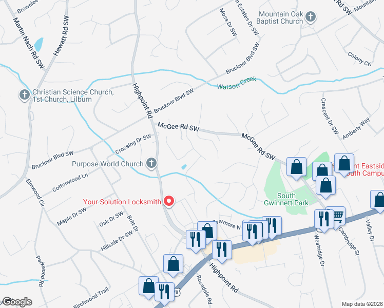 map of restaurants, bars, coffee shops, grocery stores, and more near 3135 Cherrychest Way in Snellville