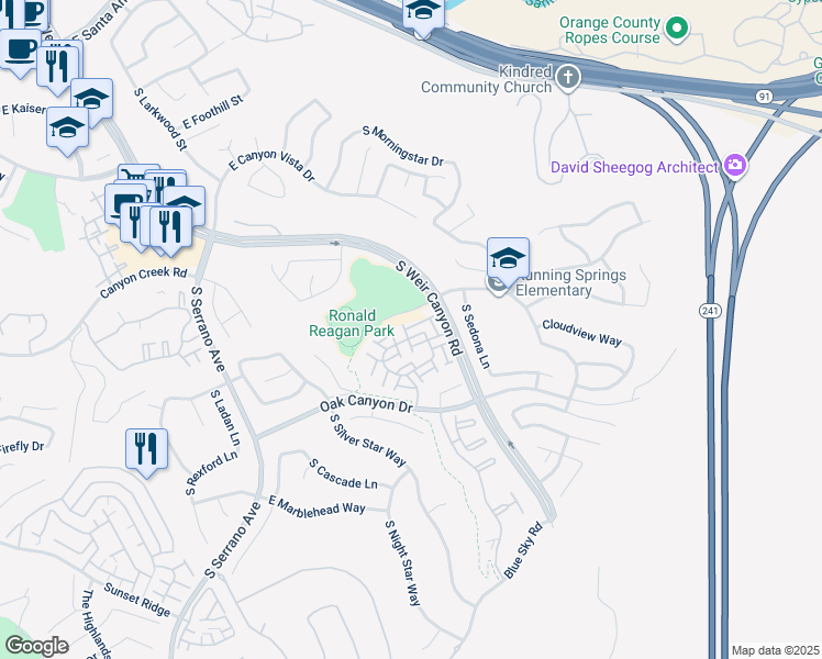 map of restaurants, bars, coffee shops, grocery stores, and more near 8420 East Tioga Way in Anaheim