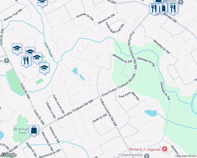map of restaurants, bars, coffee shops, grocery stores, and more near 1120 Lake Lucerne Road Southwest in Lilburn