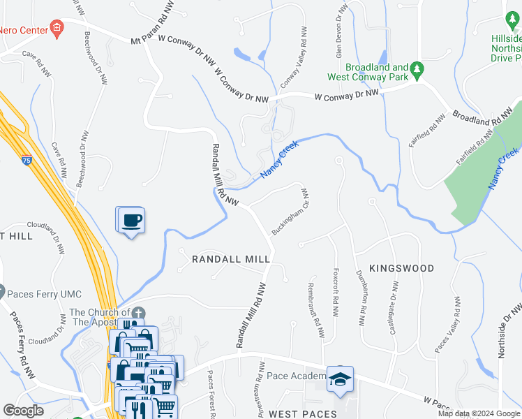map of restaurants, bars, coffee shops, grocery stores, and more near 3707 Randall Mill Road Northwest in Atlanta