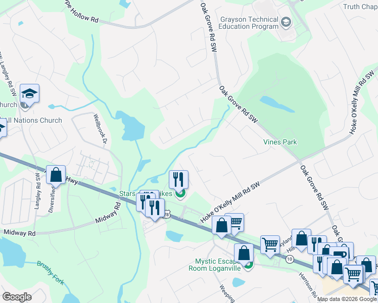 map of restaurants, bars, coffee shops, grocery stores, and more near 553 Cherry Creek Drive in Loganville