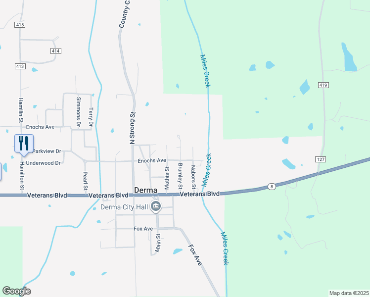 map of restaurants, bars, coffee shops, grocery stores, and more near 304 Brumley Street in Derma