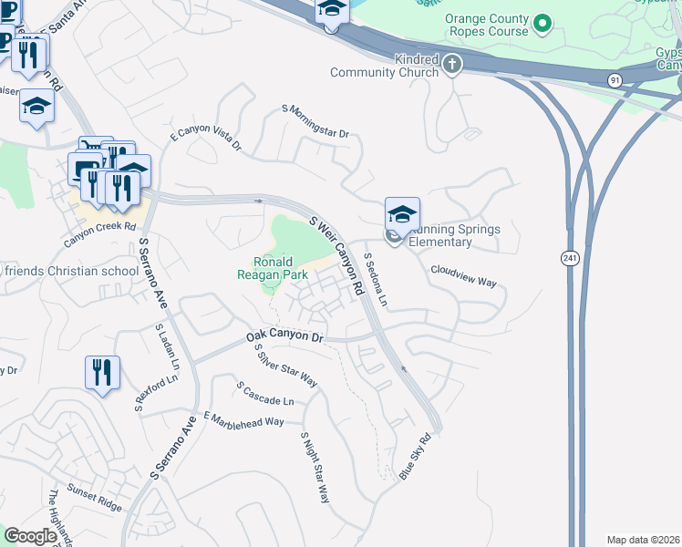 map of restaurants, bars, coffee shops, grocery stores, and more near 876 South Yellowstone Way in Anaheim