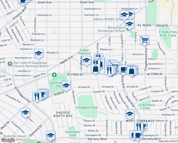 map of restaurants, bars, coffee shops, grocery stores, and more near 2211 190th Street in Redondo Beach