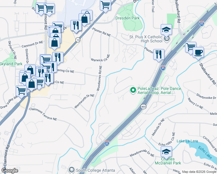 map of restaurants, bars, coffee shops, grocery stores, and more near 2193 Capehart Circle Northeast in Atlanta