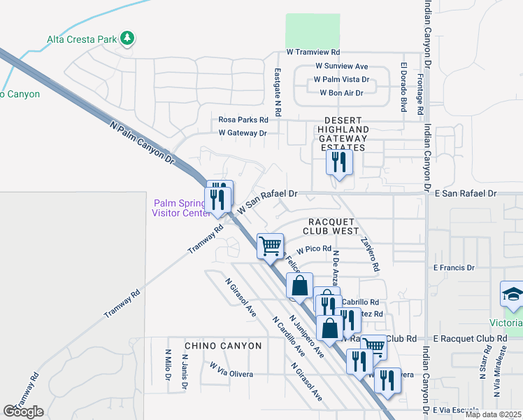 map of restaurants, bars, coffee shops, grocery stores, and more near 2860 North Los Felices Road in Palm Springs