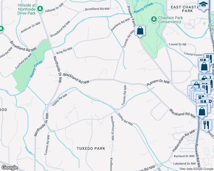 map of restaurants, bars, coffee shops, grocery stores, and more near 262 Blackland Road Northwest in Atlanta