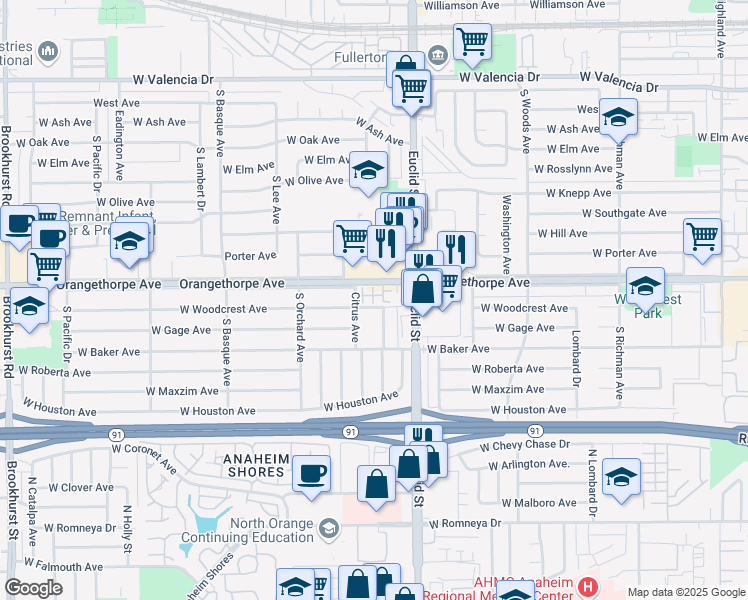 map of restaurants, bars, coffee shops, grocery stores, and more near 1390 Clementine Way in Fullerton