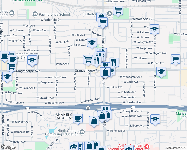 map of restaurants, bars, coffee shops, grocery stores, and more near 1390 Clementine Way in Fullerton