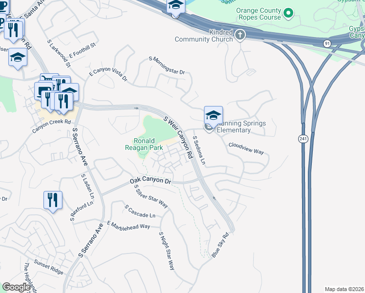 map of restaurants, bars, coffee shops, grocery stores, and more near 930 South Appaloosa Way in Anaheim
