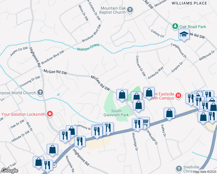 map of restaurants, bars, coffee shops, grocery stores, and more near 1994 McGee Road Southwest in Snellville