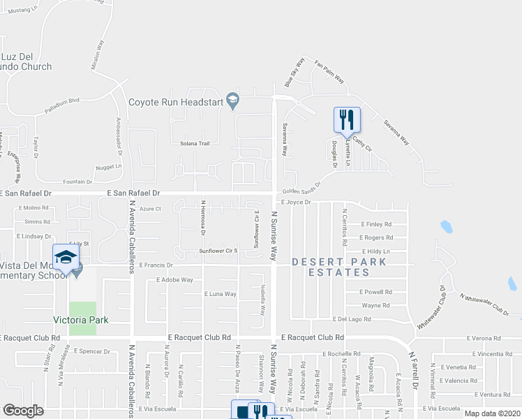 map of restaurants, bars, coffee shops, grocery stores, and more near 1639 Sunflower Court North in Palm Springs