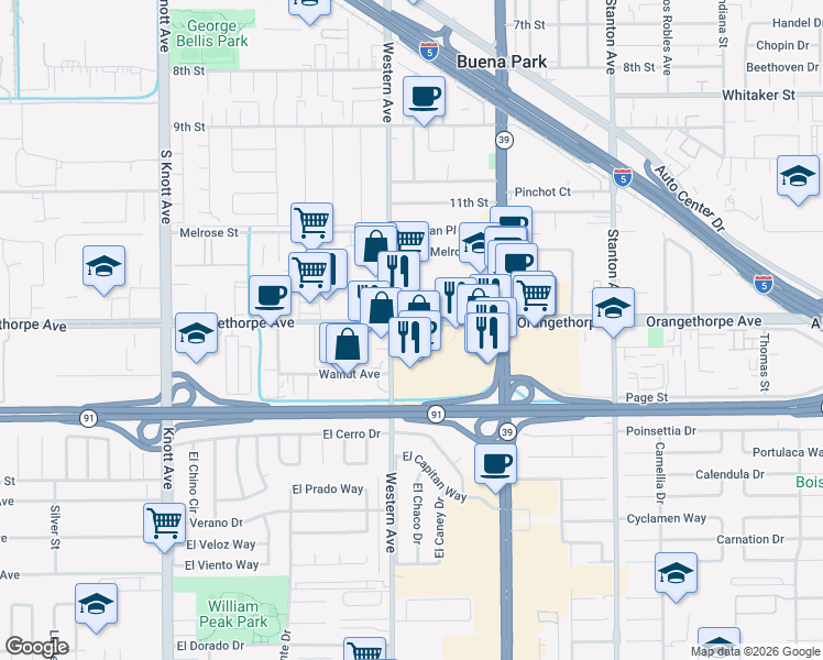 map of restaurants, bars, coffee shops, grocery stores, and more near 7550 Orangethorpe Avenue in Buena Park