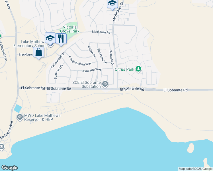 map of restaurants, bars, coffee shops, grocery stores, and more near 12585-12691 El Sobrante Road in Riverside