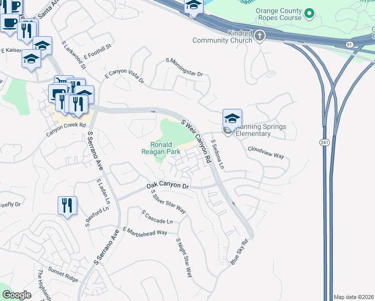 map of restaurants, bars, coffee shops, grocery stores, and more near 949 South Pagossa Way in Anaheim