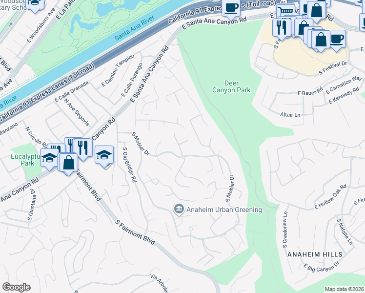 map of restaurants, bars, coffee shops, grocery stores, and more near 300 South Timken Road in Anaheim