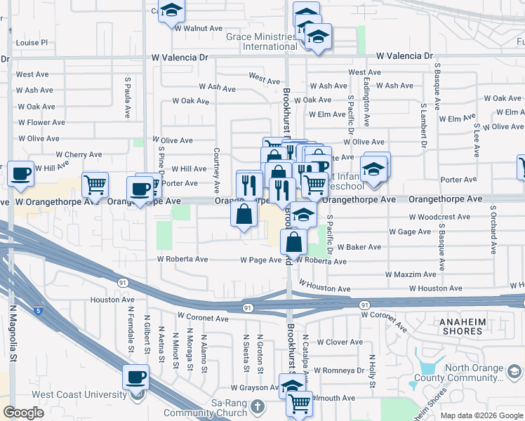 map of restaurants, bars, coffee shops, grocery stores, and more near in Fullerton