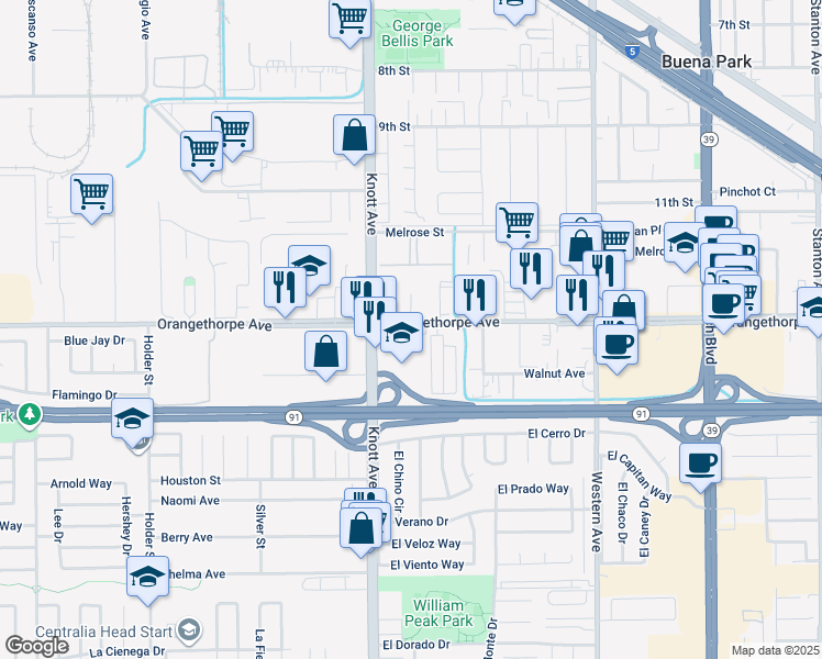 map of restaurants, bars, coffee shops, grocery stores, and more near 7122 Orangethorpe Avenue in Buena Park