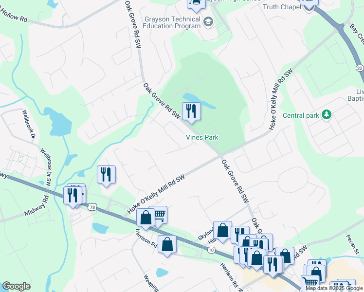 map of restaurants, bars, coffee shops, grocery stores, and more near 132 Garden Manor Court in Loganville